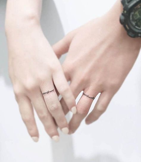 Always And Forever Ring Tattoo, Different Couple Tattoos, Tattoo Ring Ideas, Tattoo Rings For Couples, Wedding Ring Tattoo Ideas For Women, Couple Ring Tattoos, Wedding Band Tattoo Couples, Marriage Tattoos Ring Finger, Small Couples Tattoo