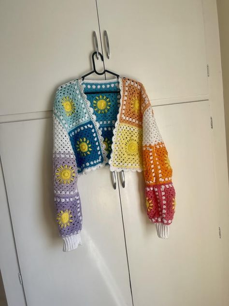 My first wearable! Crochet Sun Granny Square, Crocheting Cardigan, Sun Granny Square, Bright Clothes, Crochet Sun, Crochet Sweater Design, Granny Square Cardigan, Square Cardigan, Crochet Boho Bag