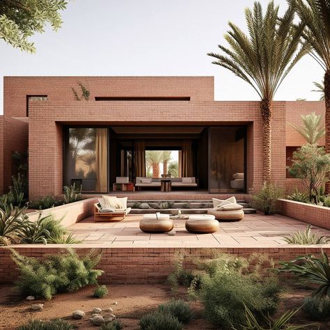 Step into the timeless beauty of this contemporary villa in the desert, where traditional Iranian architecture meets modern design. The use of brick adds a sense of warmth and history to the sleek lines and minimalist aesthetic, creating a truly unique and inviting space. #architecture #architect #amazingarchitecture #design #interiordesign #interiordesigner #decor #homedecor #home #house #luxury #diy #travel #amazing #photography #realestate #casa #arquitecto #arquitectura #decoration #archviz Houses In The Desert, Desert Resort Architecture, Desert Home Design, House Design Brick, Desert House Design, Desert House Exterior, House In Desert, Minimalist House Exterior, Desert Home Exterior