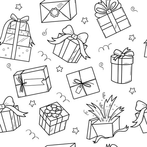 Cute gifts, beautiful boxes, holiday presents. Festive seamless vector pattern of doodle icons on a white background. Doodle Icons, Holiday Presents, Doodle Icon, Heart Tree, Doodle Art Designs, Cityscape Photos, Holiday Items, Heart With Arrow, Background Banner