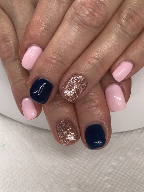 Spring Summer Fall Pink, Navy, Tose Gold Glitter Gel Nails  Light Elegance Perfect 10 & #Glitterme Akzentz Rose Gold Glitter Gel Gender Reveal Nails, Gold Gel Nails, Different Color Nails, Pastel Pink Nails, Navy Nails, Cute Pink Nails, Hard Gel Nails, Chrome Nails Designs, Light Elegance