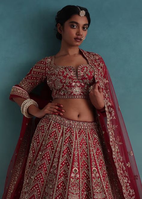 Cherry Red 14 Kali Embroidered Bridal Lehenga In Raw Silk With Two Dupattas Kali Lehenga, Kundan Embroidery, Bridal Wedding Lehenga, Embroidered Bridal Lehenga, Crop Top Suit, Kids Bridal, Wedding Salwar Kameez, Sharara Suits, Kalki Fashion