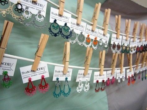 Here's a clever way to display small items like earrings at your garage sale that makes them easy to see. Yard Sale Display, Jewerly Display, Jewelry Booth, Earring Displays, 15 Jewelry, Jewerly Displays, Craft Fairs Booth, Mini Business Card, Craft Booth Displays