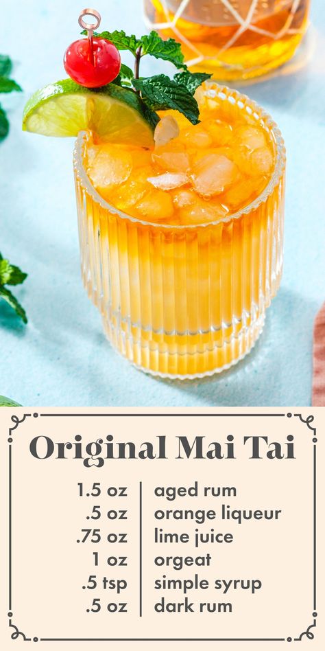 Here's how to make the original Mai Tai recipe! Gather the ingredients for this tropical rum drink that's as complex as it is fruity. #maitai #recipe #maitaicocktail #maitaidrink #rumcocktail #rum #tropical Maitai Cocktail Recipe, Mai Thai Drink Recipe, Mai Tai Recipe Hawaiian, Lotus Martini, Maitai Cocktail, Easy Mai Tai Recipe, Mai Tai Drink Recipe, Mai Tai Cocktail Recipes, Hawaii Recipes