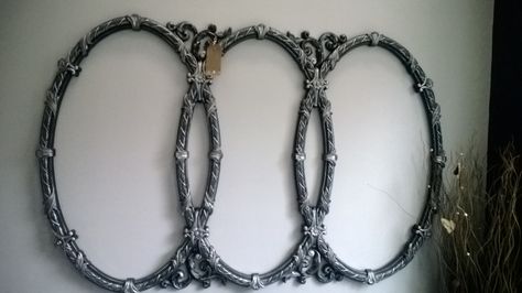 Vintage 1950s triple oval mirror/frame, repainted in black faded into gray with handpainted silver gilding accents... Huge! 68 inches across 42 down.. still available-$850 SOLD Oval Mirror Frame, Closet And Bathroom, Mirror Makeover, Double Mirror, Cube Design, Mirror Frame, Oval Mirror, Fade To Black, Closet Bedroom