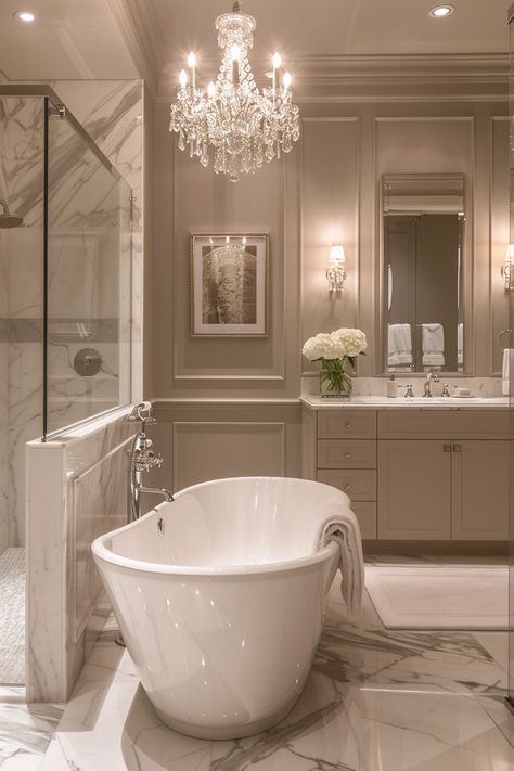 Transform Your Space: Tour a Luxurious Bathroom Oasis with Elegant Details Most Pinned Bathrooms, Traditional Luxury Bathroom, Parisian Interior Bathroom, Traditional Interior Design Bathroom, Luxury Master Bath Ideas, Quiet Luxury Bathroom, White Marble Master Bath, Romantic Master Bath, Elegant Bathroom Design Luxury Bath