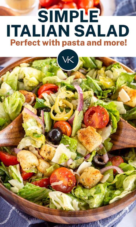 This Simple Italian Salad is loaded with olives, pepperoncini, red onion, and cherry tomatoes and tossed with a zesty Italian dressing. This easy side dish salad takes just minutes to make and is perfect to serve with pasta or a wide variety of meals. Simple Italian Salad, Side Dish Salad, Italian Salad Recipes, Zesty Italian Dressing, Salads To Go, Salad Easy, Easy Side Dish, Italian Salad, Main Dish Salads