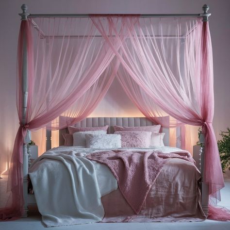 "Dreamy pink canopy bed with flowing sheer drapes, plush white and blush bedding, surrounded by soft ambient lighting in a whimsical bedroom setting." Pink Canopy Bedroom, Bed Pink Aesthetic, Canopy Bed Pink, Pink Canopy Bed, Pink Canopy, Plush Bedding, Canopy Bedroom, Pink Bedroom Decor, Pink Bedrooms