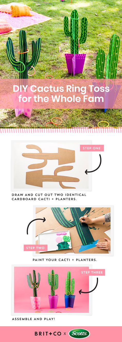 Upcycle cardboard boxes and turn them into a fun and trendy game of ring toss. Upcycle Cardboard Boxes, Upcycle Cardboard, Preschool Graduation Party, Cactus Ring, Diy Cactus, Plant Rings, Trendy Games, Fiesta Bridal Shower, Cactus Diy