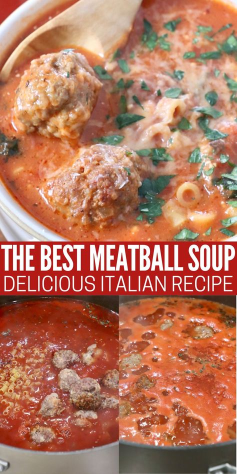 Make THE BEST Italian Meatball Soup with simple homemade meatballs, pasta and a creamy tomato broth. This incredibly flavorful soup recipe is easy to make in one pot in just 25 minutes! Meatball Soup Crockpot, Easy Meatball Soup, Mini Meatball Soup, Slow Cooker Meatballs Italian, Easy Italian Meatballs, Meatballs Pasta, Pasta Soup Recipes, Italian Meatball Soup, Meatball Soup Recipes