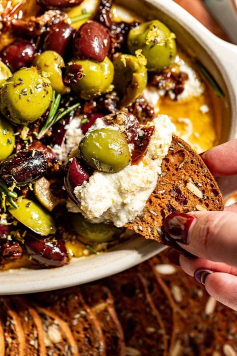 Creamy Whipped Feta Dip Recipe Roasted Olives And Whipped Feta, Whipped Feta With Olives, Whipped Feta With Honey, Hosting Food Ideas, Hosting Food, Whipped Feta Dip, Roasted Olives, Christmas Appetizer, Sour Cream Recipes