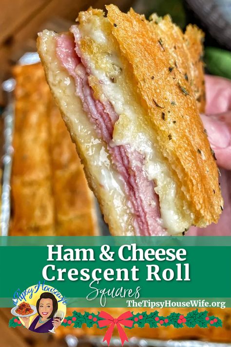 The photo shows a slice of ham and cheese sandwich squares in a flaky crescent roll. The brightly colored banner displays the name of the recipe, "ham and cheese crescent roll squares." Deli Ham Recipes, Ham And Cheese Crescent, Housewife Recipes, Crescent Roll Bake, Ham And Cheese Roll Ups, Crescent Bake, Tipsy Housewife, Rolled Sandwiches, Ham Dinner