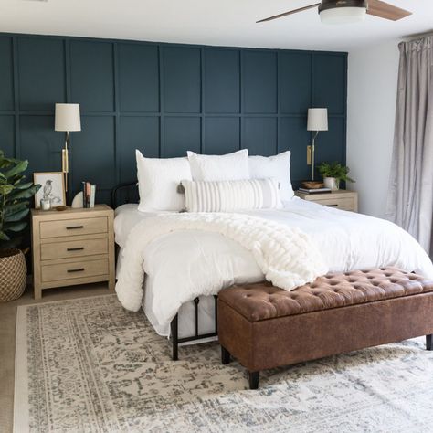 Vaulted Ceiling Master Bedroom - Transitional - Bedroom - Cleveland - by Laura of Pembroke | Houzz Blue Accent Walls, Transitional Bedroom, Copper Design, Accent Wall Bedroom, Bedroom Layouts, Farmhouse Bedroom, Remodel Bedroom, Master Bedrooms Decor, Beautiful Bedrooms