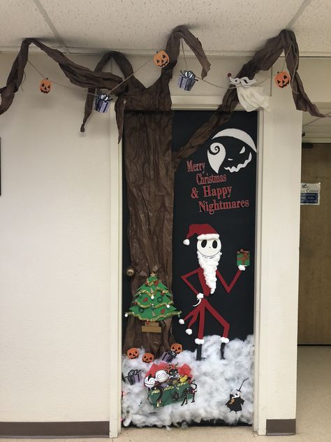 Door Decorating Contest.  Nightmare before Christmas. Nightmare Before Christmas Door Decorations, Nightmare Before Christmas Door, Diy Nightmare Before Christmas, Door Decorations Classroom Christmas, Holiday Door Decorations, Diy Christmas Door, Christmas Door Decorating Contest, Christmas Classroom Door, Nightmare Before Christmas Decorations