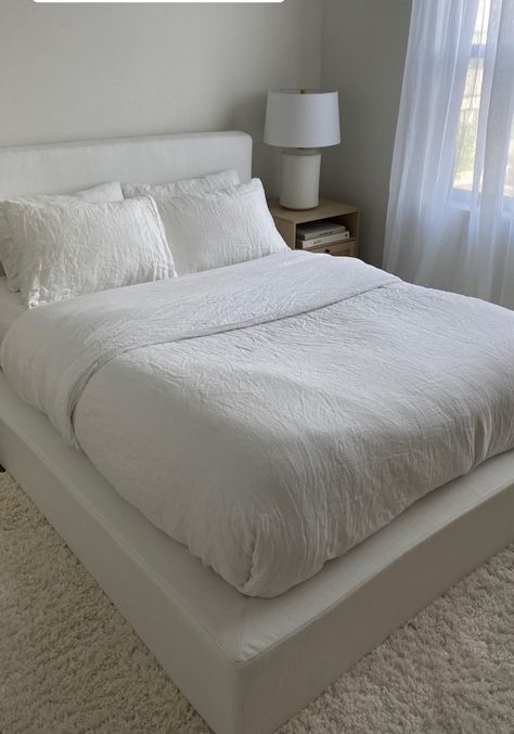 Brooklinen Washed Linen Duvet Cover in White with two duvet inserts from Amazon Soft White Bed Frame, Soft Bed Frame Aesthetic, Free Home Decor, Bedding White, Bedroom Neutral, All White Bedroom, Curtains White, Bedding Linen, White Bed Frame