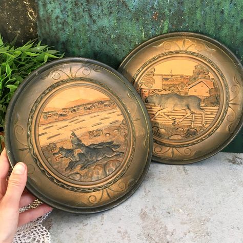 Wooden Plaque Pair, 2 Vintage Wall Hangings, Hand Carved Round Wooden Panel, Wild Animals, Moose Wolf 3D Art, Farmhouse Wood Carving by MerilinsRetro on Etsy Wolf Medallion, European Mount Plaque, Mountain Lion Mounts Taxidermy, Wolf 3d, Retro Shop, Wood Wall Hanging, Wooden Plaques, Antique Decor, Vintage Walls