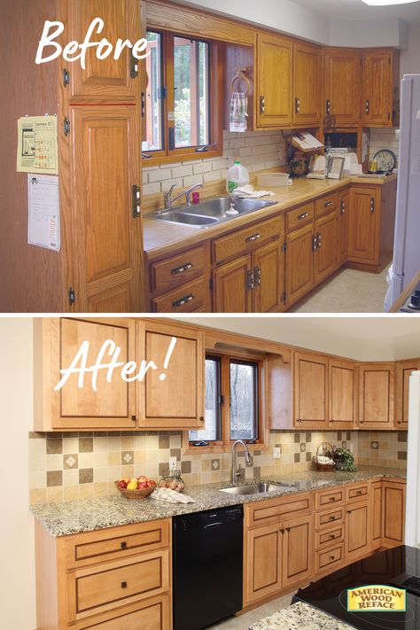 Update Wooden Kitchen Cabinets, How To Redo Kitchen Cabinets, Kitchen Cabinets Refacing, Diy Kitchen Cabinets Makeover, Cabinet Door Replacement, Redo Kitchen Cabinets, Wooden Kitchen Cabinets, Before After Kitchen, Old Kitchen Cabinets