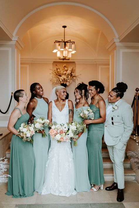 Bridal party wearing green wedding outfits for mixed gender wedding party | Sophie Collins Photography Bright Mixed Bridesmaid Dresses, Mixed Gender Bridesmaids, Mix Gender Bridal Party, Mixed Gender Wedding Party, Mixed Gender Bridal Party, Mixed Bridesmaid Dresses, Spring Wedding Bridesmaids, Blue Bridesmaid Dresses Short, Wedding Reception Outfit