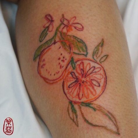 Orange Flower Tattoo, Gen Z Tattoo, Fairytale Tattoos, Clementine Tattoo, Orange Tattoos, Smallish Tattoos, Nature Sleeve, Henne Tattoo, Fruit Tattoo