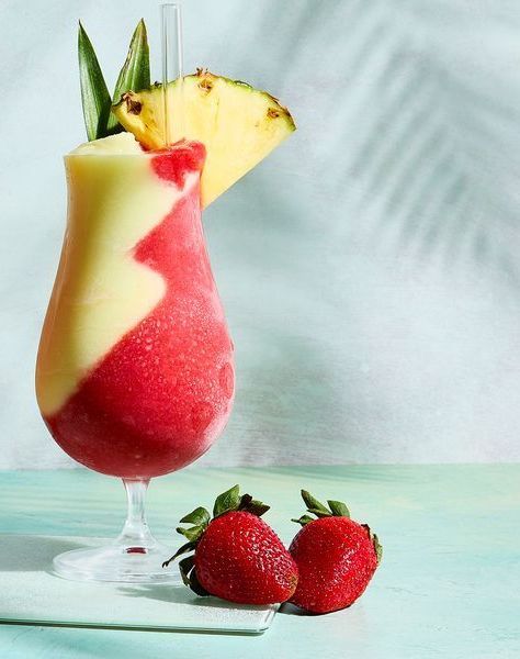 The '80s are back, baby! Miami Vice Drink, Pina Colada Song, Strawberry Daiquiri Recipe, Frozen Strawberry Margarita, Frozen Strawberry Daiquiri, Pineapple Sorbet, Pina Colada Recipe, Lime Sorbet, Good Rum