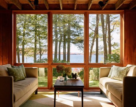 Photo 7 of 21 in A Lakeside Cabin Conjures Up Midcentury Magic in New Hampshire from Rustic Midcentury Lake Cabin in New Hampshire by KCS Architects - Dwell Rustic Ceiling Beams, Large Arrangement, Camden Markets, Lakeside Cabin, Lakeside Living, Rustic Ceiling, Lake Cabin, Abc Carpet, Lake Cabins