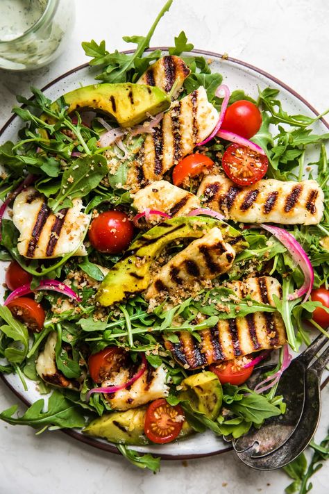 This grilled halloumi salad recipe ticks a lot of boxes for us—it’s yummy, it’s quick, the clean up is minimal and it’s basically impossible not to love! Creamy Basil Dressing, Halloumi Salad Recipes, Cheese Salad Recipes, Vegetarian Protein Sources, Grilled Avocado, Halloumi Salad, The Modern Proper, Modern Proper, Grilled Halloumi