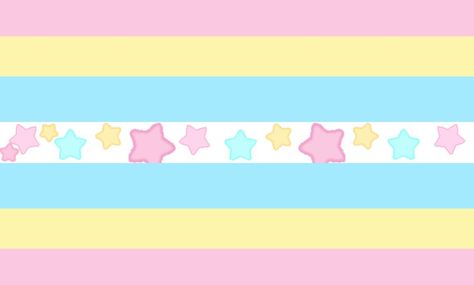 a 7 stripe flag that is horizontally symmetrical. it has 2 baby pink stripes, 2 light yellow, and 2 baby blue stripes along with a white stripe in the middle that has pink, blue, and yellow stars. Soft Color Palette Aesthetic, Star Gender Flag, Kidcore Xenogender, Star Color Palette, Cute Xenogenders, Candy Xenogender, Kawaii Color Palette, Cutecore Xenogender, Cute Color Palettes