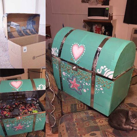 Pirates Treasure Chest Diy, Treasure Chest Diy, Diy Treasure Chest, Mermaid Treasure Chest, Diy Mermaid Birthday Party, Treasure Chest Craft, 1st Birthday Girl Decorations, Baby Boy 1st Birthday Party, Mermaid Room