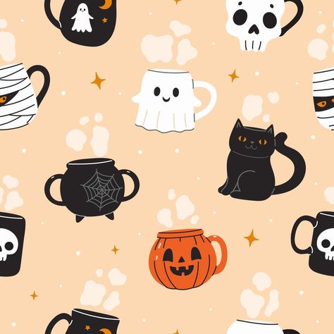 Seamless pattern with cute halloween mugs. graphics Ghouls Night, Blanket Design, Halloween Mugs, Halloween Blanket, Halloween Pattern, Cute Patterns, Logo Banners, Cityscape Photos, Halloween Mug