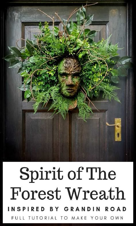 How to make a Spirit in the Forest wreath. A Grandin Road knock-off that looks amazing and you'll have so much fun doing it. #GrandinRoad #spiritoftheforest #greenmanwreath #SpringHomeDecor #DIYHomeDecor #HalloweenWreath #DIYTutorial Forest Wreath, Spirit Of The Forest, Witchy Crafts, Deco Originale, Grandin Road, Floral Foam, Art Garden, Art Sculptures, Nature Crafts