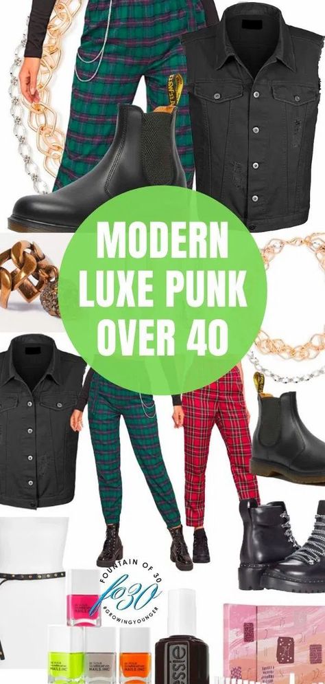 For modern luxe punk over 40 keep elements to subtle details and invest in quality pieces to elevate your look into luxe with an edge. #punk #fashion #luxepunk #over40 #style Dressy Punk Outfits, Punk London 80s, Punk Goth Clothes, Punk Fashion Over 40, Older Punk Women, Punk Style Over 50, Punk Rock Teacher Outfits, Summer Punk Fashion, Grown Up Punk Style