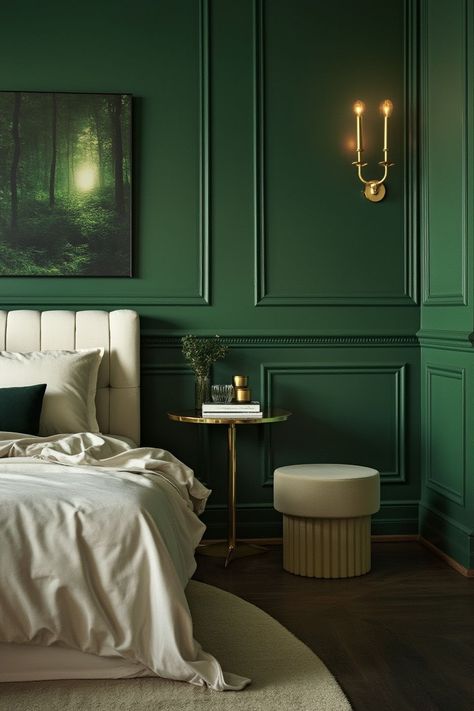 Transform your home into a stylish haven with the top trending paint colors 2025! From vibrant accent hues to soothing earth tones, these shades are perfect for expressing your personality and elevating your decor. Don't miss out on these designer-approved ideas! 🎨 #HomeDecorIdeas #ModernPaintShades #InteriorDesignGoals Moss Green Wall Paint, Jade Green Walls, Unique Room Painting Ideas, Green Color Drenched Bedroom, Green Room Paint, Green Paint Bedroom, Green Bedroom Paint Colors, Rich Paint Colors, Painting Ideas For Bedrooms