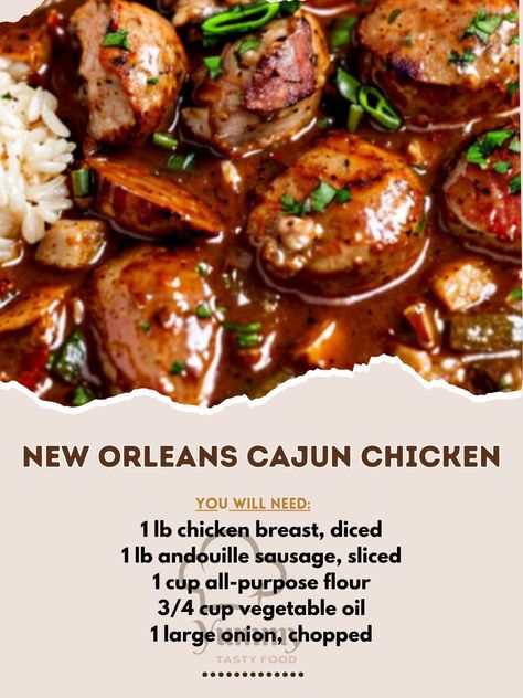 New Orleans Cajun Chicken and Andouille Sausage Gumbo Hearty Creole Gumbo with Chicken and Andouille Sausage Ingredients: 1 lb chicken breast, diced 1 lb andouille sausage, sliced 1 cup all-purpose flour 3/4 cup vegetable oil 1 large onion, chopped 1 green bell pepper, chopped 3 celery stalks, chopped 4 garlic cloves, minced 6 cups chicken broth 1 can (14.5 oz) diced tomatoes 2 teaspoons Cajun seasoning 1 teaspoon dried thyme 2 bay leaves 1/2 teaspoon smoked paprika Salt and pepper to taste 1... Chicken Creole Recipe, Sausage Creole, Andouille Sausage Gumbo, Andouille Sausage Recipes, Creole Gumbo, Sausage Ingredients, Recipes Southern, Chicken Gumbo, Sausage Gumbo