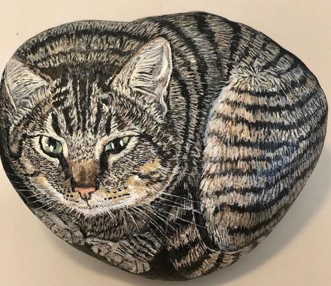 ◽️Curled-up Kitty/Dog Rock ◽️Approx. 8 inches in diameter ◽️Painted from personal photos ◽️Acrylic paint ◽️2-10 Week Completion Time, Workload Dependent A unique and charming pet portrait on rock, with the pet's body in a "curled up" position, utilizing the whole front surface of the rock.  Start a discussion with me today via the "Contact, " Ask a Question" or "Request a Custom Order" button - even attach photos - for a personal conversation about your pet and how we can design the perfect custom pet painting or memorial for you. Or, if you are ready to purchase this size and type of stone, click the "Add to Cart" or "Buy it Now" button and go through the checkout process. I will then contact you for order details.  Be sure to visit my homepage for other sample pet portraits and memorials Pet Portrait Paintings, Custom Pet Painting, Rock Hand, Dog Rocks, Rock Painting Patterns, Rock Painting Designs, Rock Painting Art, Cats Illustration, Dog Paintings