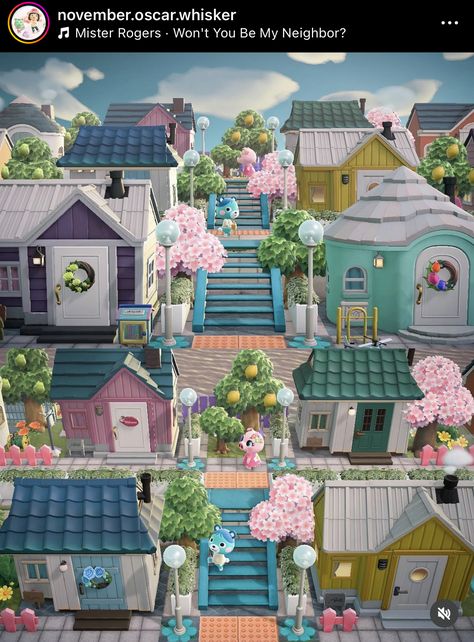 Anch Neighborhoods, Acnh 2.0 Builds, Animal Crossing Island Ideas City, Cute Villagers Acnh, City Acnh Island, Animal Crossing Neighbourhood, Acnh Alley, Maison Animal Crossing New Horizon, Animal Crossing Ideas Town