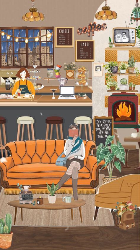 The Coffee Shop ☕️📚🌿✨ #coffeeshop #books #illustration #coffee #shufflefyp #cozyvibes #readingaesthetic Whimsical Art Journal, Books Illustration, Cozy Coffee Shop, Coffee Shop Aesthetic, Shop Illustration, Interior Illustration, Coffee Shop Design, Girls Illustration, Coffee And Books