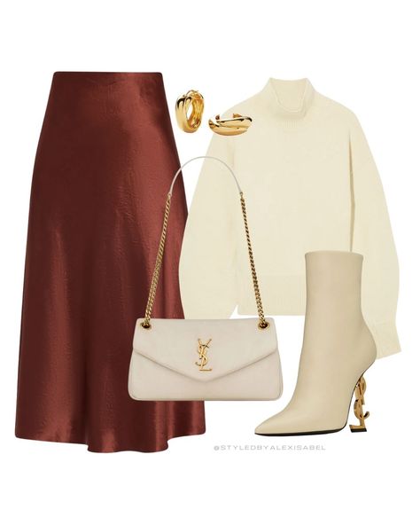 Alex Isabel (@styledbyalexisabel) • Instagram photos and videos Silk Skirt Sweater, Skirt Winter Outfits, Botas Outfit, Ysl Earrings, Vince Boots, Diverse Fashion, Cream Outfit, Bag Ysl, Skirt Winter