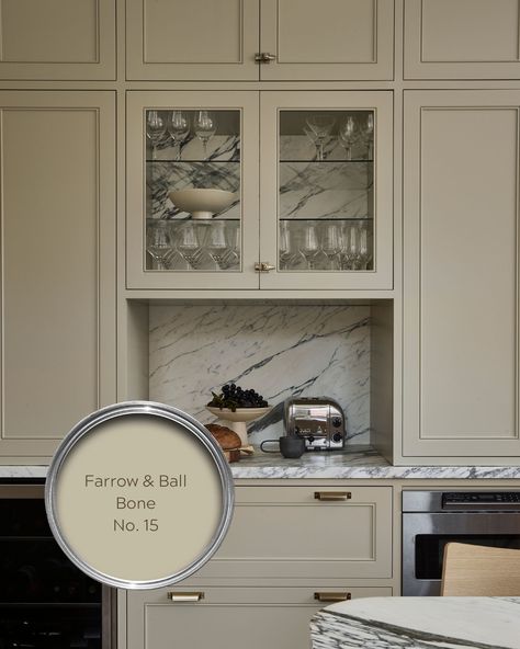 A soft grey with a hint of green, Farrow & Ball Bone brought a rich yet versatile look to the kitchen cabinetry in our Dunbar kitchen.   Design: Black Sheep Interior Design Millwork: Heritage Kitchens Build: Ratcliffe and Black Photo: Lauren Miller Styling: Stacey Smithers Mouses Back Farrow And Ball Kitchen Cabinets, Farrow Ball Kitchen Cabinets, Farrow And Ball Cromarty Kitchen, Georgian Style Kitchen, Farrow And Ball Bone Kitchen, Farrow Ball Bone, Farrow And Ball Old White Kitchen, Farrow And Ball Mizzle Kitchen, Farrow And Ball Drop Cloth Kitchen