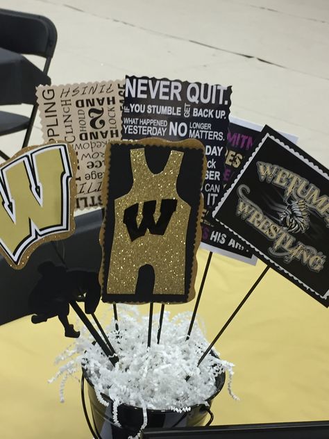 Wrestling banquet Sports Banquet Centerpieces, Wrestling Banquet, Themed Graduation Party, Wrestling Party, Sports Centerpieces, Youth Wrestling, Banquet Centerpieces, Wrestling Quotes, Wrestling Gift