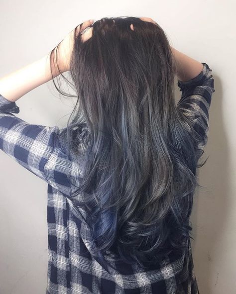 Greyish Blue Hair, Blue Hair Balayage, Denim Blue Hair, Blonde Ombre Hair, Grey Ombre Hair, Hair Color Asian, Ash Hair Color, Balayage Ombré, Pinterest Hair