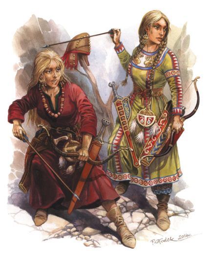 Scythian Archers Left Warrior;Right Noble woman IV AD Viking Warrior Woman, Noble Woman, Bracelet Arm, Arm Ring, Military Costumes, Warriors Illustration, Historical Warriors, Amazon Warrior, Ancient Warfare