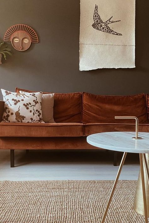 Rust Color Trend and How to Use It in Interiors | SampleBoard Brown Walls Living Room, Velvet Sofa Living Room, Brown Sofa Living Room, Color Palette Living Room, Sofa Inspiration, Brown Couch, Living Room Orange, Pink Living Room, Brown Walls