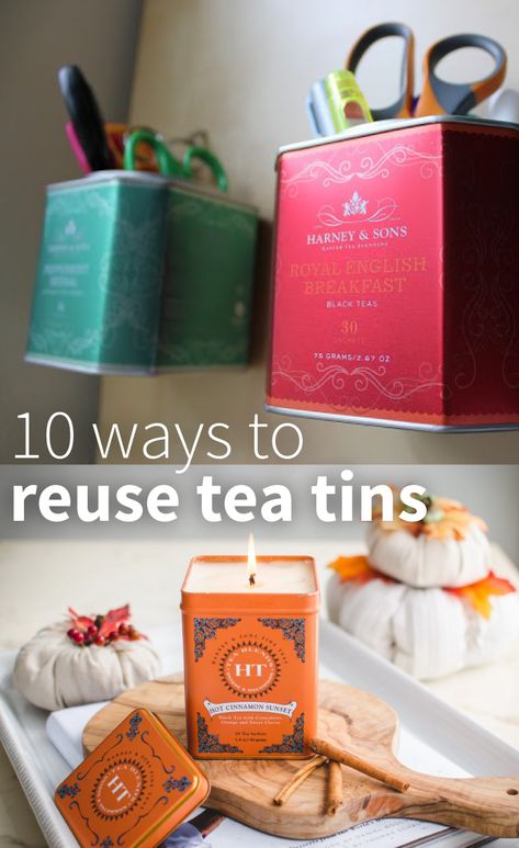 You can organize your home using items you already have (ahem, Harney tea tins, ahem). Read on to learn how you can upcycle tea tins to create a home you’ll love. #ThisIsTea Tea Tin Upcycle, Upcycle Tin Containers, Repurposed Tins Containers, Reuse Tea Tins, Coffee Tins Upcycle, Repurpose Tea Tins Ideas, Harney And Sons Tea Tins Crafts, Tea Tin Crafts, Upcycle Tea Tins