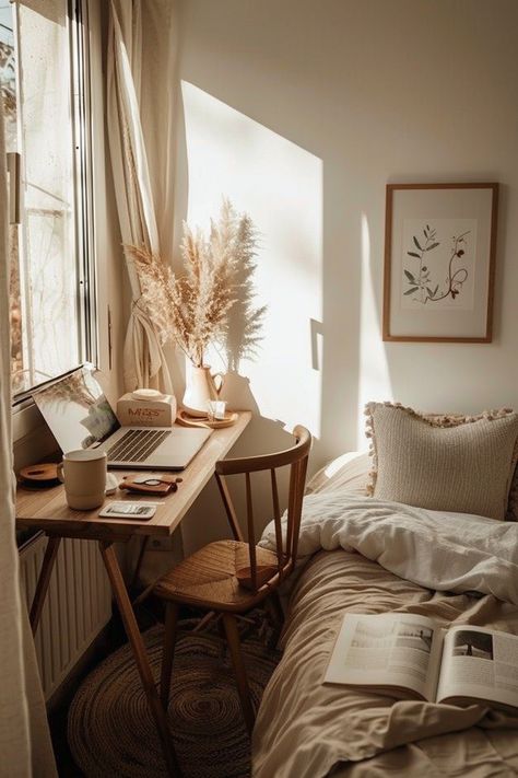 15 Tips for a Cozy Desk Setup: Inspiration for Small Spaces – Everyday Inspo Desk In Living Room Aesthetic, Bedroom Small Desk Ideas, Small Writing Desk In Living Room, Work From Home Desk Setup Small Bedroom, Cozy Bedroom With Desk, Desk In Bedroom Ideas Layout, Study Desk In Bedroom, Small Desk In Bedroom, Desk In Small Bedroom