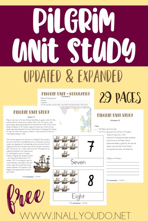 This Pilgrim Unit Study was one of the first ones I created over 5 years ago. I have updated and expanded it from 10 pages to 29 pages! It includes Language Arts, Science, Math, Social Studies/Geography, Visual Arts and much more! :: www.inallyoudo.net Thanksgiving Unit Study, Homeschool Thanksgiving, Unit Studies, Homeschool History, First Thanksgiving, Homeschool Printables, Unit Study, Thanksgiving Activities, Study Unit