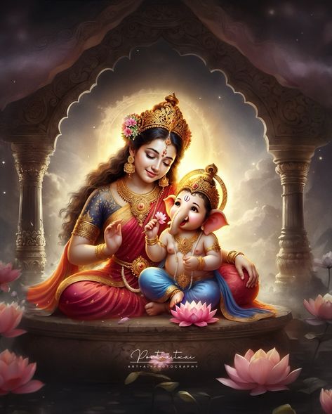 Ganesha in the embrace of Maa Parvathi 🥰 ”As the light of Gowri Pooja blesses the home, Ganesha’s protective embrace draws near, ensuring every prayer of devotion, is heard, and every obstacle is swept away with grace and wisdom.” Interested in a special portrait for your loved one? Comment below & DM for a unique creation! 💕 Don’t repost without permission ©️ All rights Reserved #aiart #ganesha #divine #murugan #vinayagar #gowripooja #ganeshchaturthi #art #divine #aiportrait #aiportra... Ganesh Art, Hinduism Art, Goddess Artwork, Ganesha Art, The Embrace, God Pictures, Ganesh Chaturthi, Ganesha, Art Wallpaper