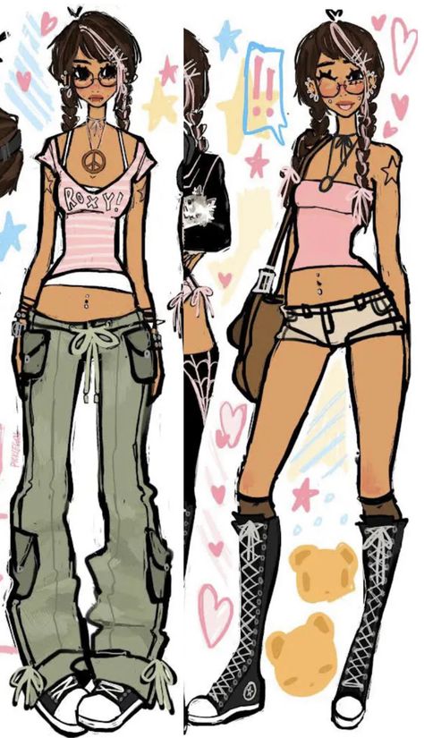 How To Draw Y2k Clothes, Artsy Y2k Outfits, Y2k Fashion Drawing, Oc Outfits Drawing, Bodies To Draw, Y2k Things To Draw, Picklegrrl Art, Swag Art Style Y2k Drawing, Y2k Outfits Drawing