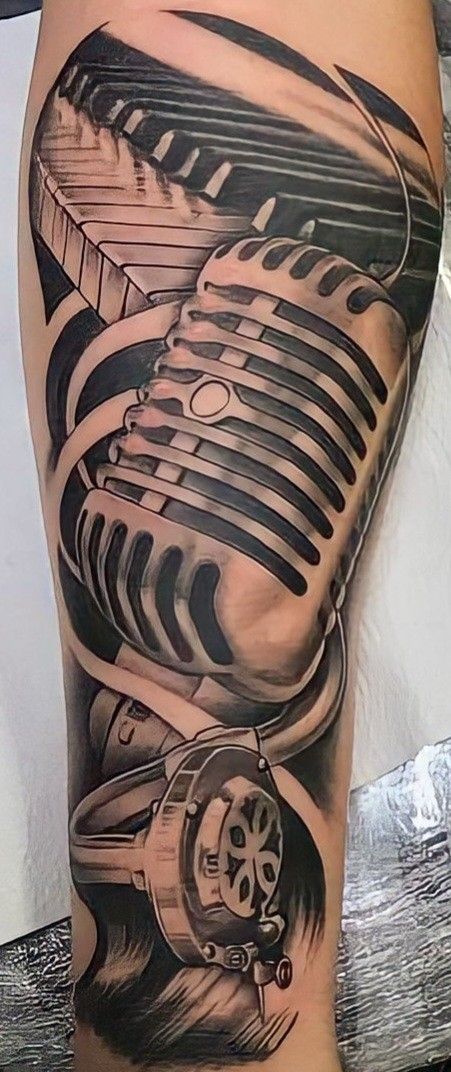 50s Rock N Roll, Tattoo Upper Arm, Piano Tattoo, Polynesian Tattoo Sleeve, Music Tattoo Sleeves, 50s Rock And Roll, Music Notes Tattoo, Note Tattoo, Tattoos Inspiration