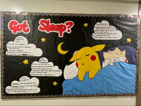 Sleep Bulletin Board, End Of Semester Bulletin Board Ra, Cafeteria Posters, Pokemon Bulletin Board, Ra Board Ideas, Hall Themes, Billboard Ideas, Ra Decorations, Res Life Bulletin Boards