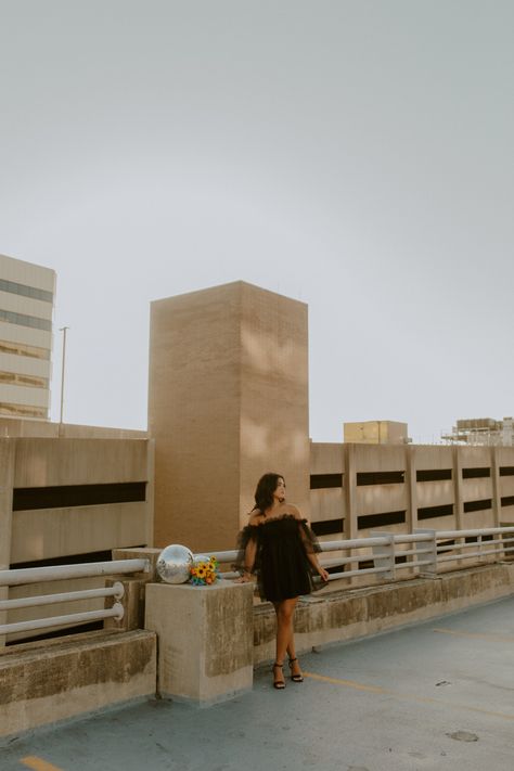 Parking Garage Birthday Photoshoot, Disco Editorial, Parking Deck Photoshoot, 21st Birthday Picture Ideas, Rooftop Editorial, 18th Photoshoot, 21st Photoshoot, Outside Photoshoot, 21st Birthday Pictures